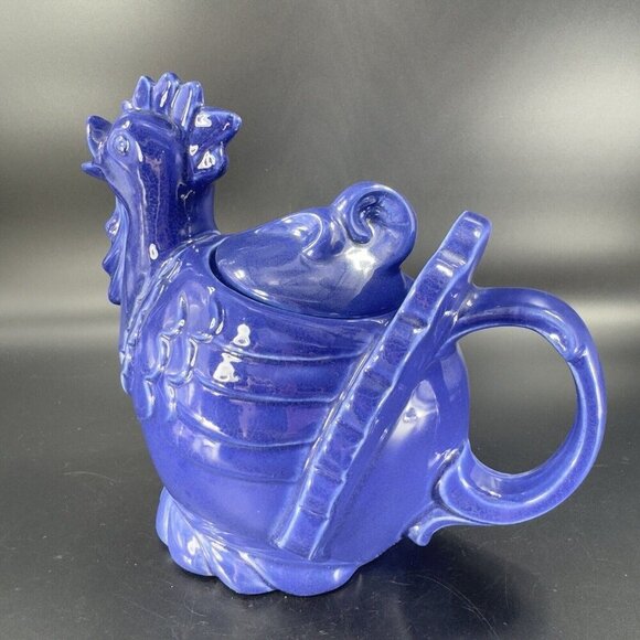 RED WING Pottery Cobalt Blue Hen Chicken Teapot Carafe USA Made Ceramic Vintage - Picture 6 of 16